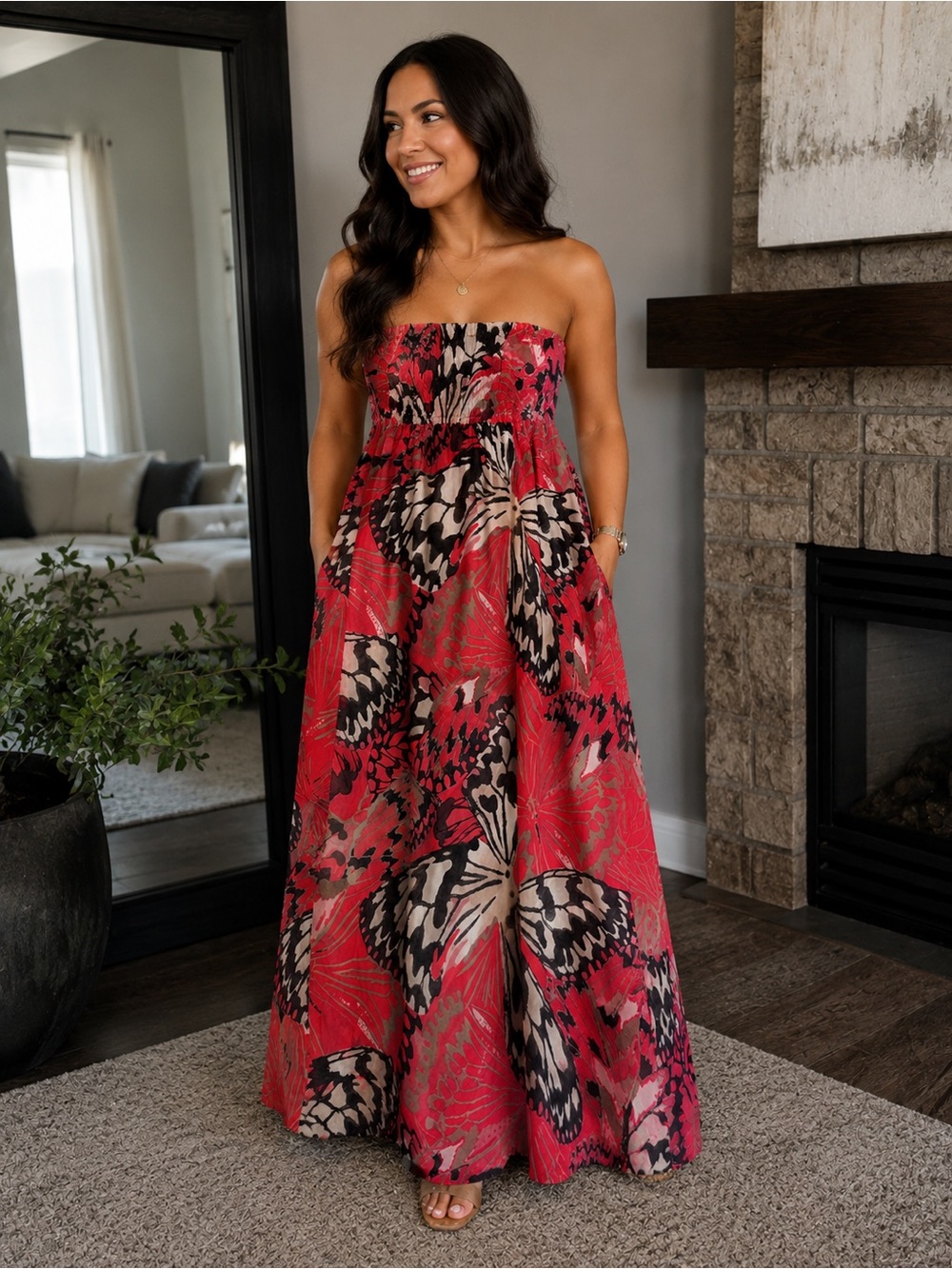 Women's Coral Butterfly Print Dress